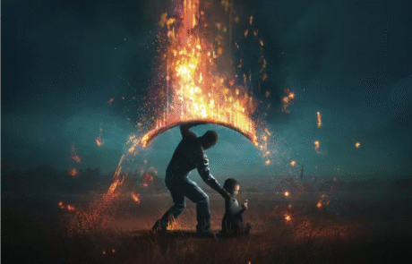 Father Protecting his kids from fiery arrows